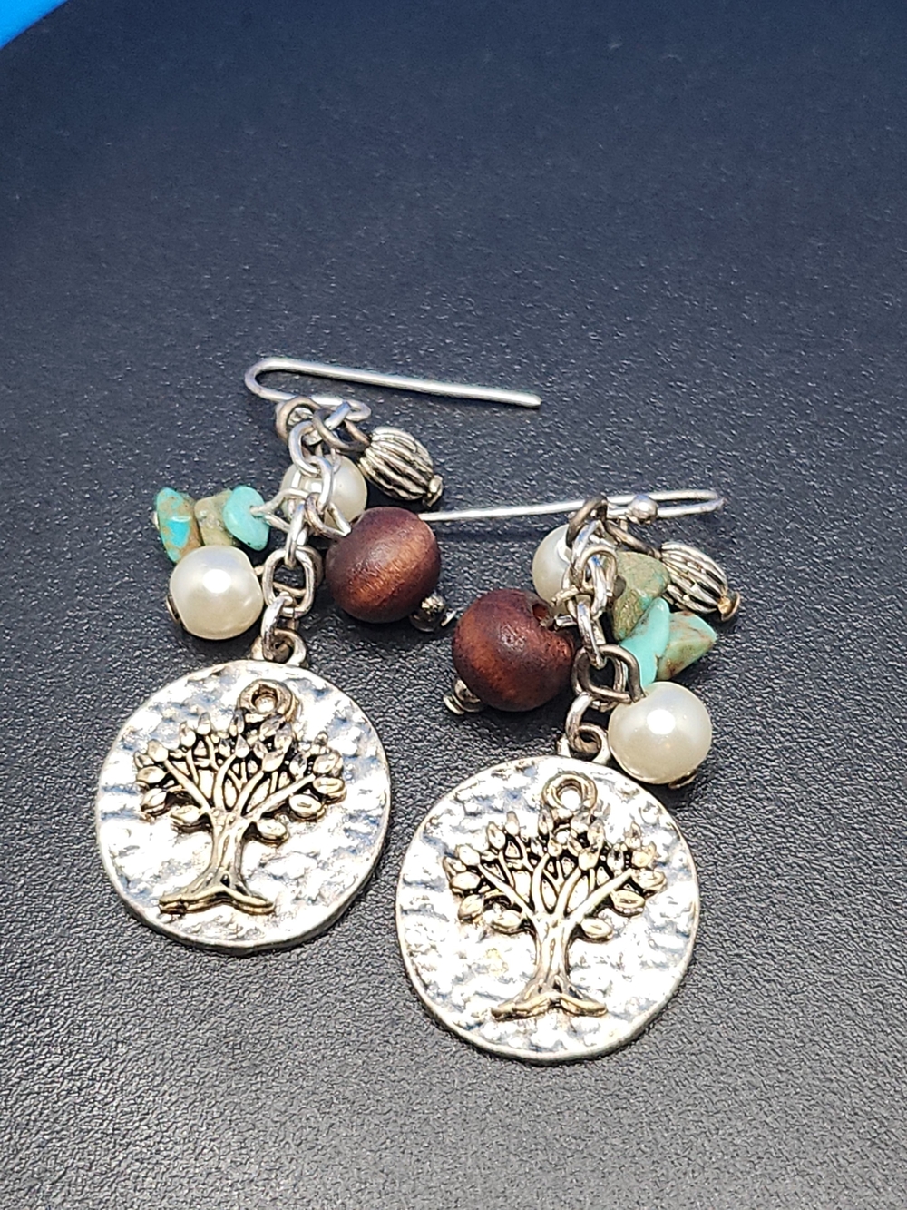 Silver Tree of Life Dangle Earrings with Turquoise, Pearl & Wood Beads